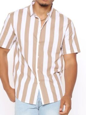 Men's Short Sleeve tan and white striped shirt